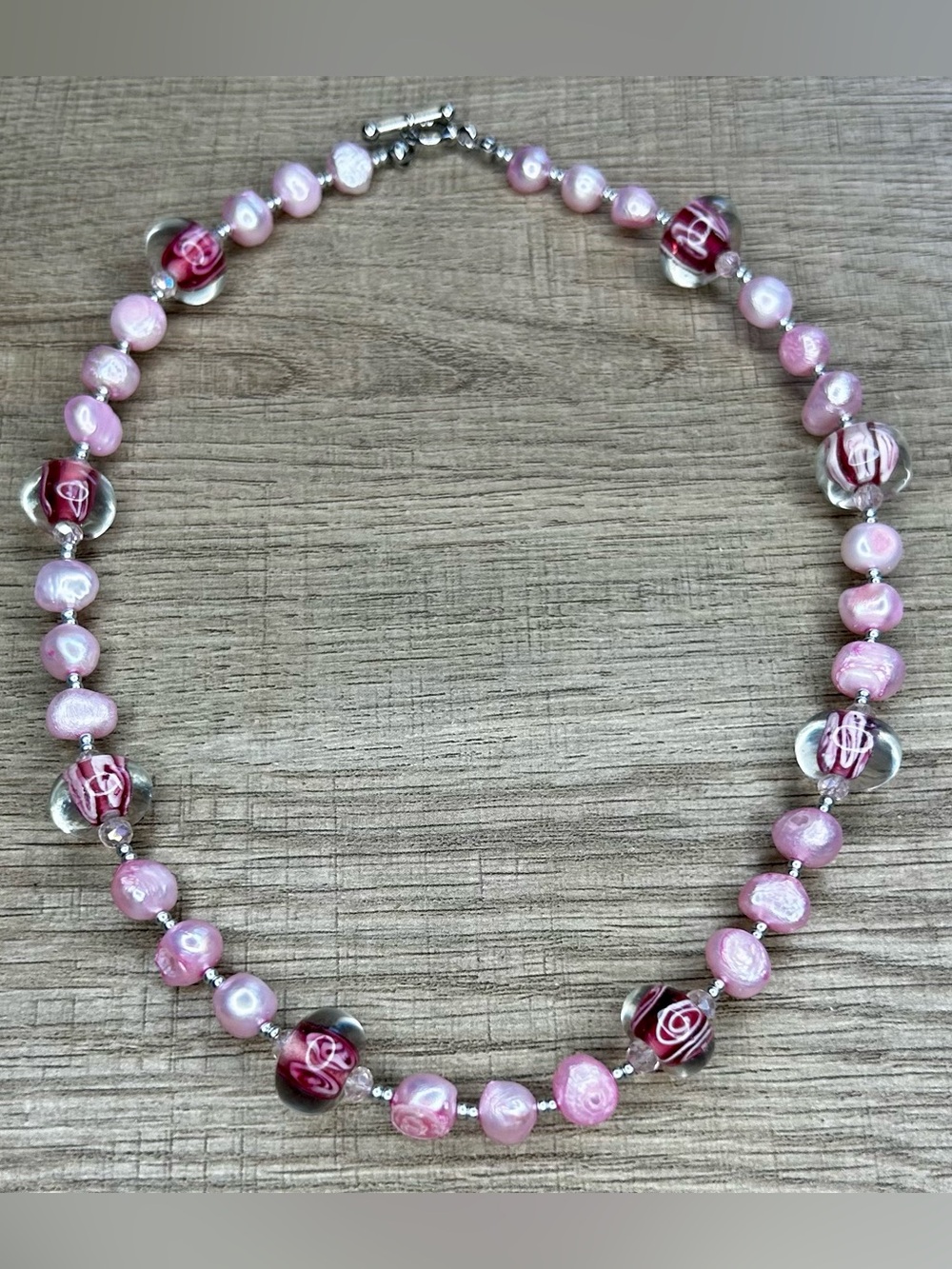 Pink Freshwater Pearl & Pink Lamp-work Rose Motif bead necklace handmade